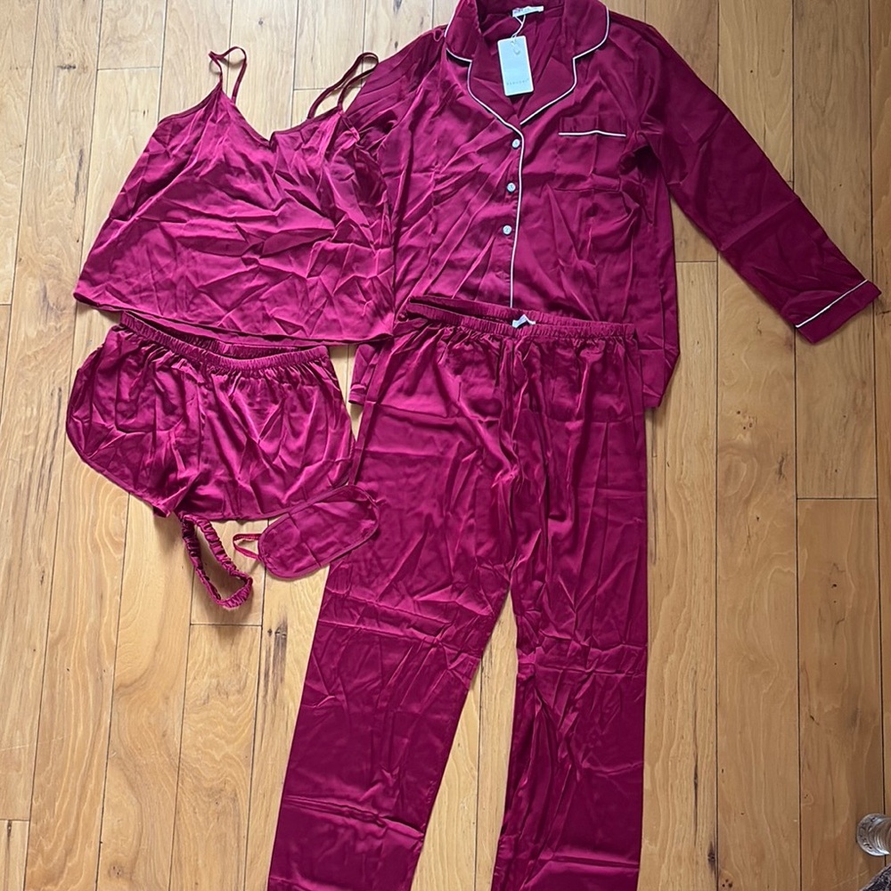 6 piece red satin pajama set